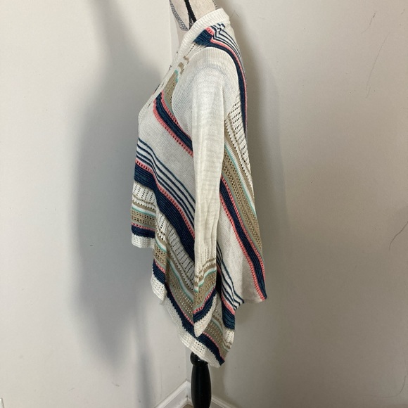 Women’s Cream Teal Pink Blue Stripes Knit Open Cardigan Knit LS Sweater - Picture 3 of 7